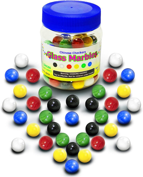 Chinese Checkers Glass Marbles Set of 72, 12 Each Color, Size 9/16” (14mm) with Practical Container