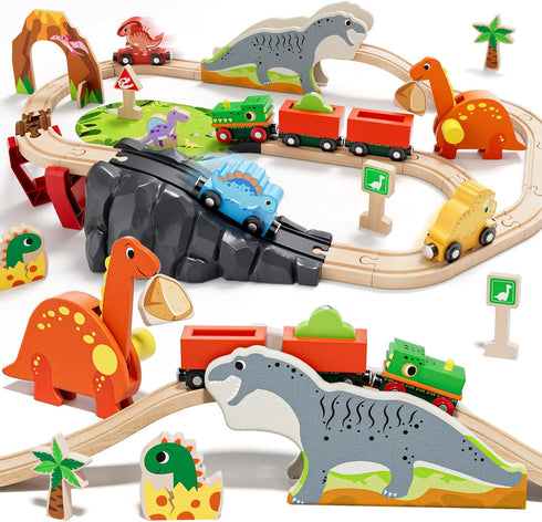 Lehoo Castle Wooden Train Set - Dinosaur Train Set for Toddlers 2-4,
