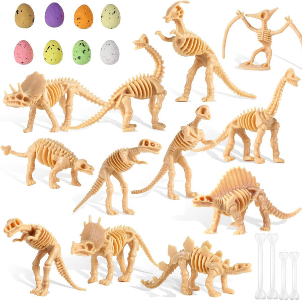 24 Pcs Dinosaur Fossil Skeleton Dino Bones and Colorful Foam Eggs for Kids Science Play and Halloween Decor