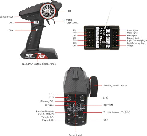 7 Channels RC Transmitter with Receiver - Built-in Light Control System for RC Car Crawler Truck Racing Buggy (Red)