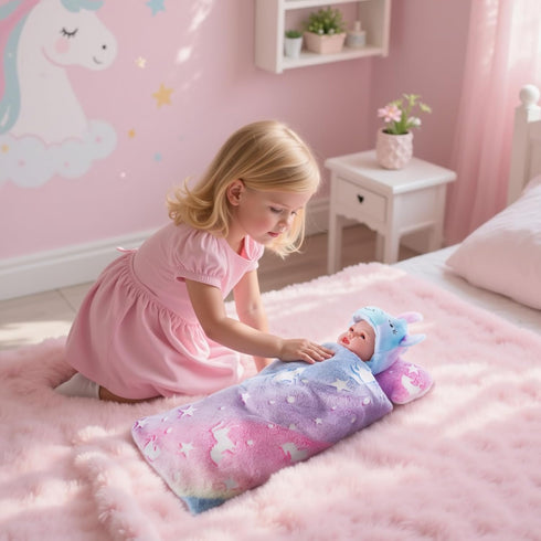 2 Set 12-17 Inch Set, BABESIDE Pcs Reborn Baby Doll Bedding for Dolls, Cute Animal & Star Pattern Doll Blanket