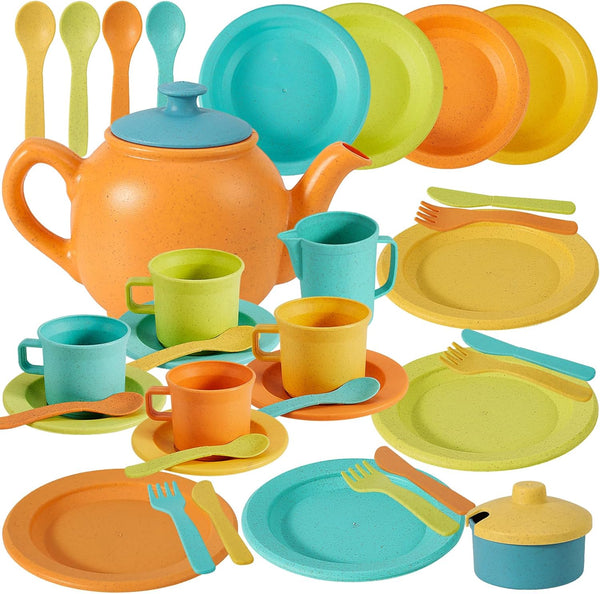 BUYGER Kids Play Kitchen Toy Accessories Tea Party Set - Cookware Utensils Dishes for Little Girls Ages 3-5