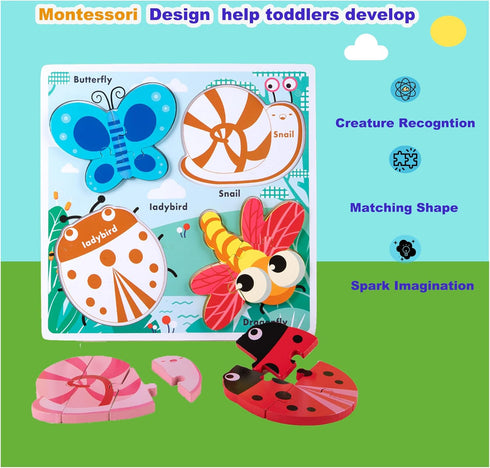 18-24 2-4 Montessori Toys Puzzle for Month, Toddler Educational Wooden Jigsaw, Creature Matching & Sorting & Learning