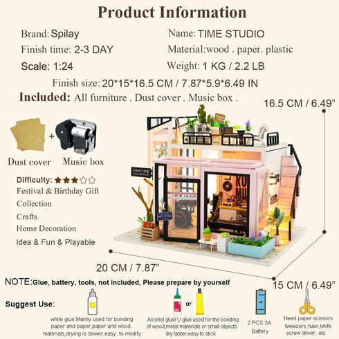 Spilay DIY Miniature Dollhouse Kit with Wooden Furniture, Dust Proof and Music Movement, 1:24 Scale Creative Room