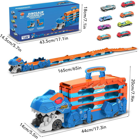 8 Set 3 4 5 6 7 VATOS Toddler Truck Toy - Ejection Folding Dinosaur Track, Portable Truck Car with Race Cars, Best Gift