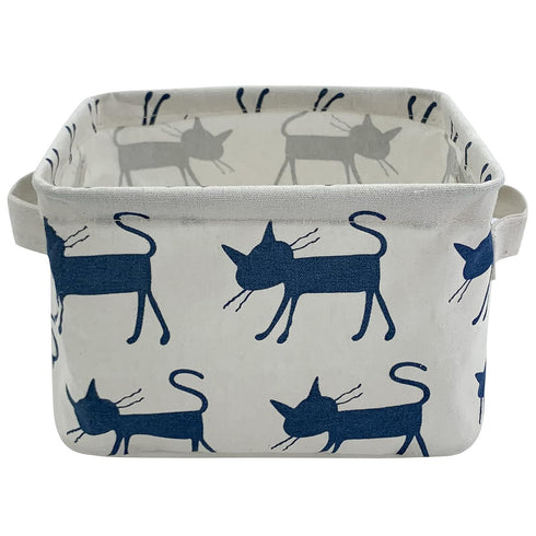 Mziart Small Foldable Canvas Storage Basket with Handles, Cotton Linen Organizer for Nursery & Kids (Blue Cat)