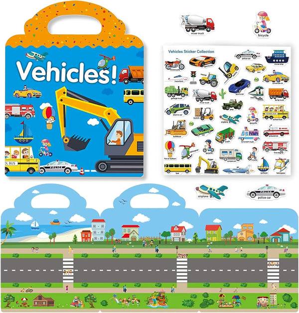Reusable Sticker Books for Kids - Travel Removable Toddler Vehicle Sticker Books for 3-5 Year Olds, Educational