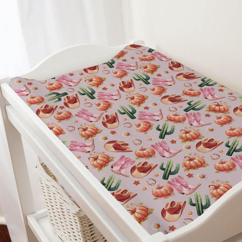 Western Cowgirl Pumpkins Fall Baby Changing Pad Covers, Pink Cowgirl Boots Hats for Boy Girl, Soft 32''x16''