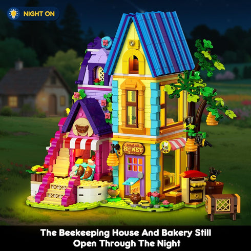 1084PCS Set 8-12+ HOGOKIDS Girls Friends Baking House Building Toy with LED Light - Beekeeping & Bakery Building