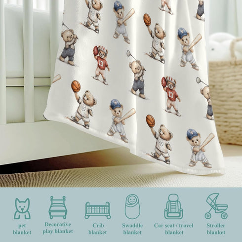 Wicbfdfv 60x80inch Cute Sport Bears Golf Baseball Basketball Baby Boy Girl Blankets Sports Lover Gift White Flannel