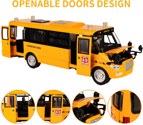9" Large Bright Yellow School Bus, Pull Back Light Up and Sounds Die-cast Metal Toy Vehicle for Kids