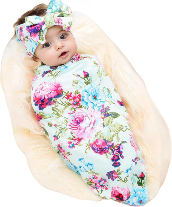 Galabloomer Receiving Blanket and Headband Set, Flower Print Baby Swaddle Blankets