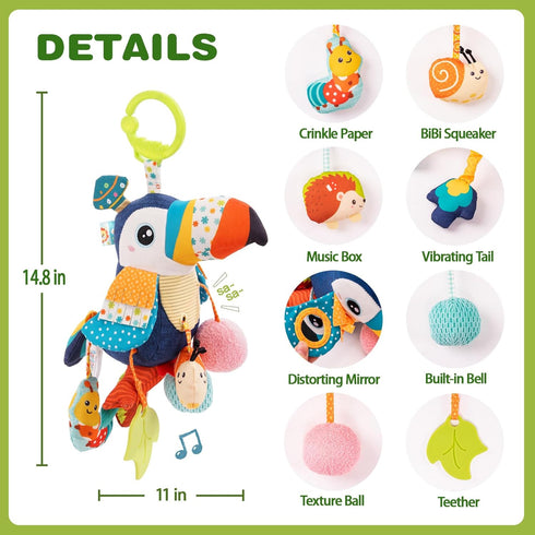 Jollybaby Musical Activity Pull String Hanging Toy for Baby Stroller Car Seat Crib Play Gym, Plush Stuffed Toucan Toy