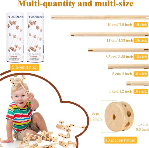 Zhanmai 2 Sets of 120 Pcs Wooden Building Blocks, Educational Natural Wood Toys for Kids, Different Sized Sets for Boys