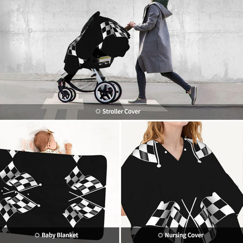 SHANGYINGJI Summer Cool Black and White Checkered Flag Car Seat Cover Baby Carseat Covers Baby for Girl Boy Muslin