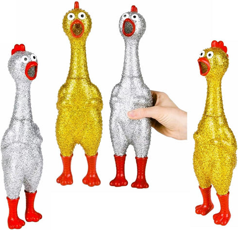 Large 13.5" Sparkle Glitter Rubber Squeeze Chicken with a Long Funny Squeaky