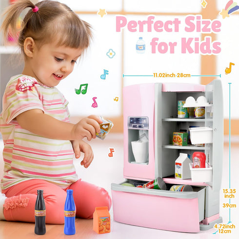 Set 3+, Refrigerator Toy Fridge with Ice Dispenser, Kids Pretend Play Kitchen Accessories with Toy Food Drink Bottles