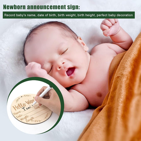 LUTER 5.9 Inch Baby Announcement Sign, Round Birth Nursery Name Signs with Ink Pad for Baby Hand and Footprints Wooden