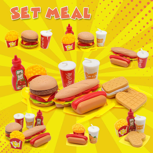Pretend Play Food Set for Children, 15 PCS Removable Fast Food Playset with Tray