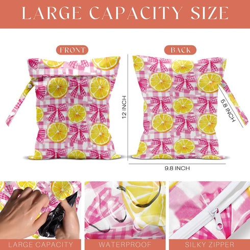 VBCVBGFH 4 Pack Cute Colorful Checkered Plaid Bow Lemon Wet Bag Waterproof Washable Wet Dry Bag for Swimsuit Dirty