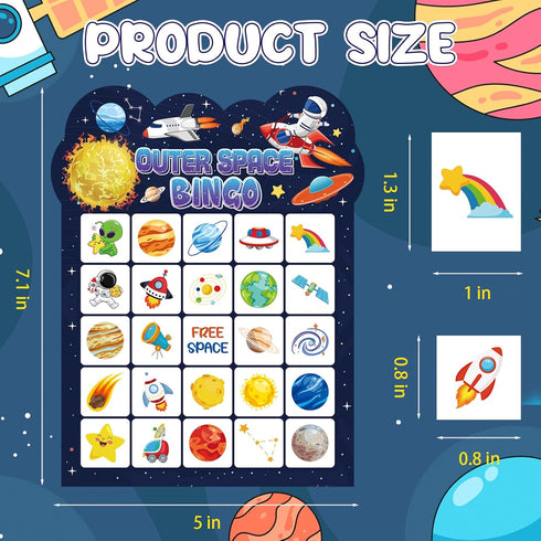 Leezead 24 Space Bingo Game, Players Outer Space Bingo Cards for Birthday Party Family Friends Large Group Activities