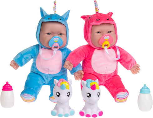 12-inch 12 JC Toys Lots to Cuddle Babies Small Soft Twin Baby Dolls Unicorn Theme| Washable | Pink and Blue | Includes