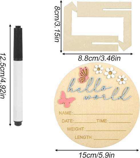 Penitue 15cm/5.9in 2) Hello World Newborn Sign, Wooden Baby Birth Name Announcement Sign with Bracket & Pen Newborn