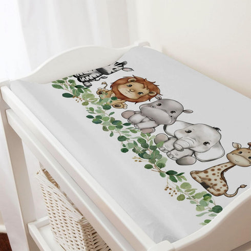 Baby Safari Animals Changing Pad Cover, Cute Lion Elephant Giraffe Zebra, 32"x16" Green Eucalyptus Leaves