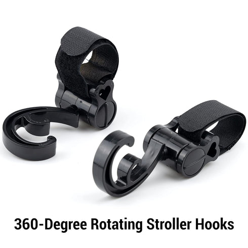 2 Pack Stroller Hooks, 360 Degree Rotatable Hanging Clips for Mommy, Multipurpose Stroller Clip Straps (Black)
