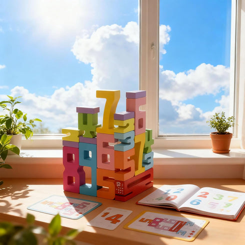 TPwsd 20PCS Counting 10,Learning 3-8 Wooden Number Building Blocks- Montessori Math Stacking Number Blocks Toys