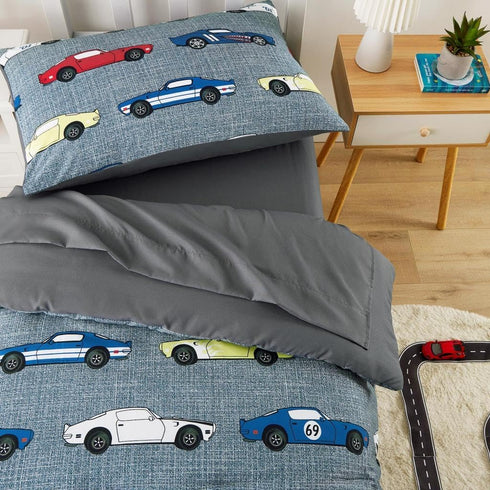 Set 4 Set Wake In Cloud - Race Car Toddler Bedding for Boys, Cute Colorful Sports Car Supercar Wheels, Pieces Soft Crib