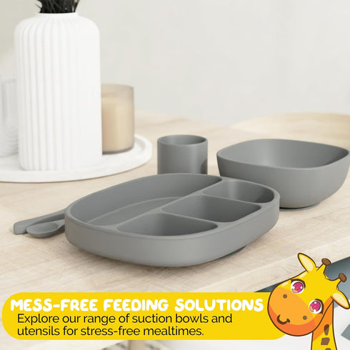 Set, 6 Baby Feeding Piece - Pebble Gray - Includes Suction Bowl, Plate, Silicone Bib, Spoon, Fork for Toddlers & Kids