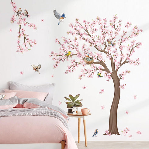 59 inches/150 cm) decalmile Large Cherry Blossom Tree Wall Stickers Pink Flower Birds Tree Branch Wall Decals Living