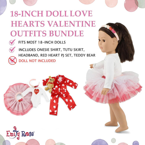 18" 6-Piece Set 18 Inch Emily Rose Doll Valentine Holiday Bundle - Red Hearts Tutu & Pajama with Teddy Bear - Gift