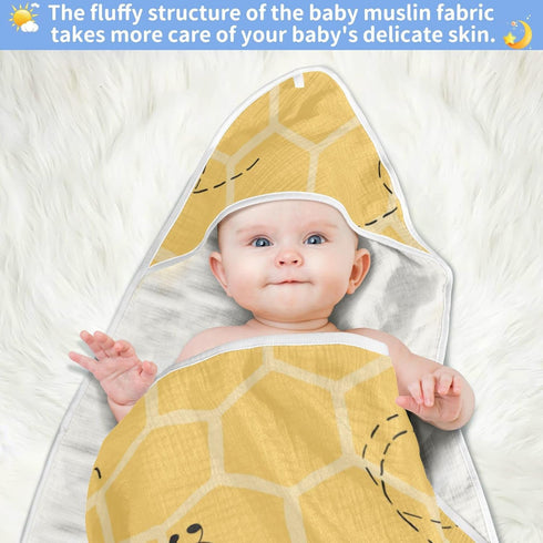 Honey Bees Hooded Bath Towel for Baby Boys Girls, Organic Cotton 30 x 30 Inch Beehive Shower Towel