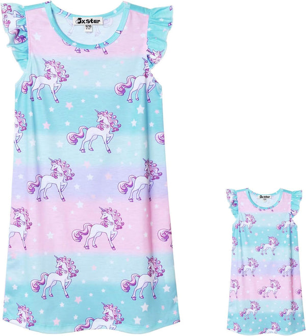 Jxstar Matching Girls&Doll Nightgowns Pajamas Princess Sleepwear Flutter Sleeve Night Dresses