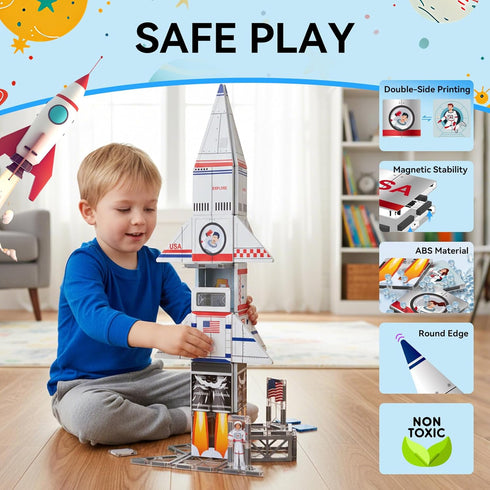 Set,46 3+, AFUNX Magnetic Tiles Space Rocket PCS Magnetic Building Blocks for Kids STEM Learning Toys, Safe & Durable