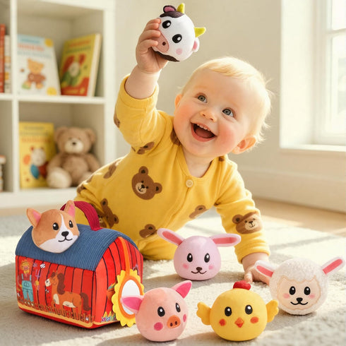 6-12 6 Baby Toys Months - Soft Barn with Stuffed Farm Animals Toy, Montessori Toys for Months Infant Boys Girls Sensory