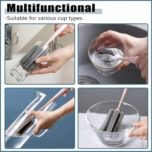 2PCS 2PCS) Sponge Bottle Brush Long Handle Bottle Brush Wine Glass Cleaner Cup Cleaning Brush Baby Bottle Scrubber