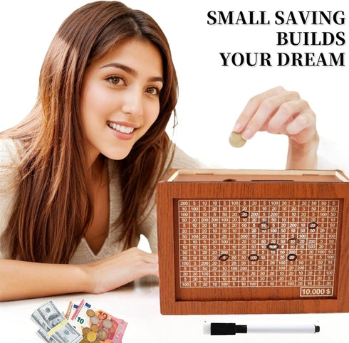 10000 Dollar Cash Target & Numbers Wooden Money Savings Box, Perfect Cash Saver & Gift for Friends (Dark Brown)