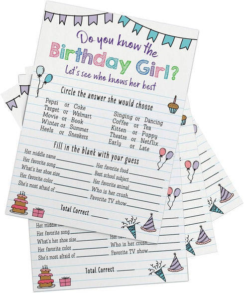 Printed Party Kids Birthday Game, Who Knows Her Best, Notebook Theme, Set of 25