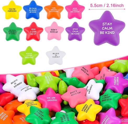 100PCS SHQDD Bulk Star Stress Balls for Adults & Kids - Motivational Quotes Soft Foam Stress Relief Squeeze Toys