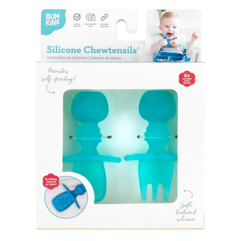 Bumkins Baby Utensils Set, Chewtensils Silicone Spoons for Self-Feeding, Soft Practice Fork and Spoon, Blue