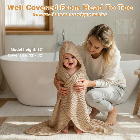 HUITAO 2 Pack 6-Layer 100% 32x32 Inch Hooded Baby Bath Towels for Newborn, - Muslin Cotton, Soft Absorbent Baby Towels