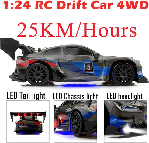 2.4GHz 1:24 4WD 25KM+/H HTURCCOP RC Drift Car Scale High Speed Model Vehicle with LED Lights Drifting Tire Racing Sport
