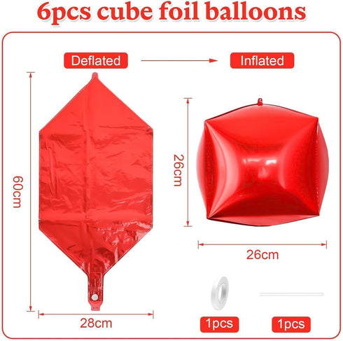 Balloons,22Inch 4D 6Pcs Red Cube Foil Square Foil Balloons Building Block Balloons for Birthday Anniversary Baby Shower
