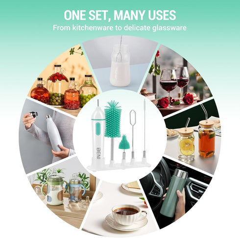 Benifi Set, Travelling Electric Bottle Brush Cleaner, Baby Bottle Brush Fully Water -Proof Bottle Brush, Long Handle