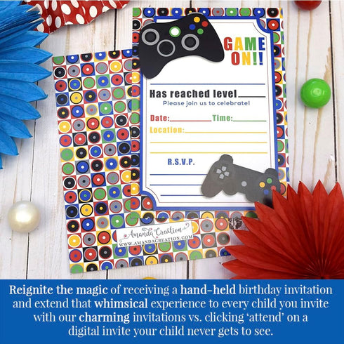 Game On! Video Gamer Birthday Party Fill In Invitations, 20 Fill In Cards with Envelopes by AmandaCreation