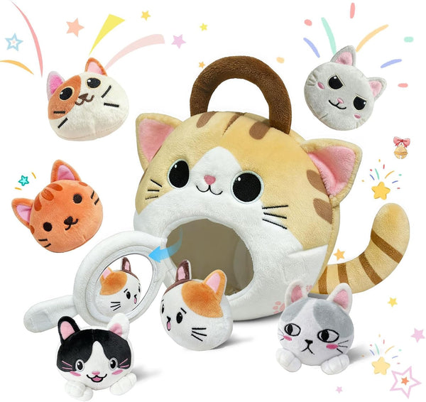 hittaty Cat Stuffed Animal House- Plush Kitten Toy Set with 6 Soft Cats