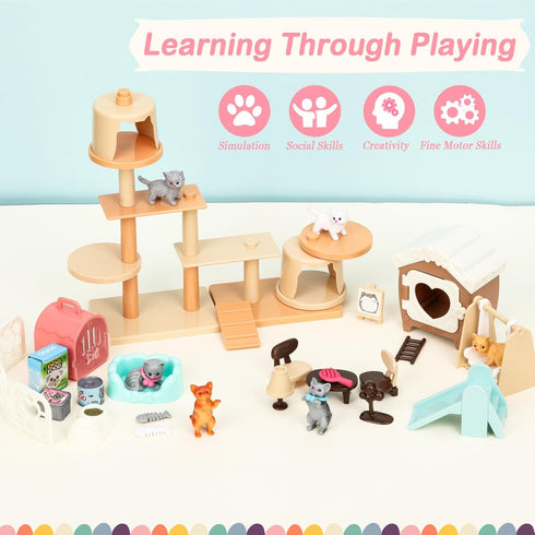43Pcs Cat Figures Playset, Interactive Pretend Play Kit, Realistic Cats Care Center for Girls Boys Age 3 4 5 6+,
